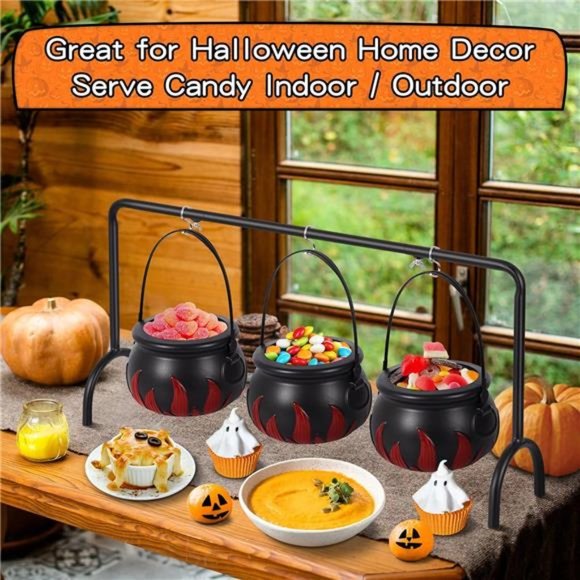 Cauldron Halloween Decor, 3 Witches Cauldron with Black Decor Iron Rack - Picture 6 of 7